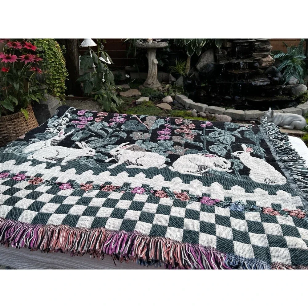Vtg Claire Murray Foxglove Weavers Tapestry Blanket Throw Garden Bunnies Rabbit